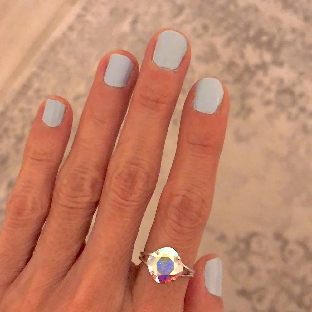 Aurora Borealis + Silver Cushion Cut Crystal Ring